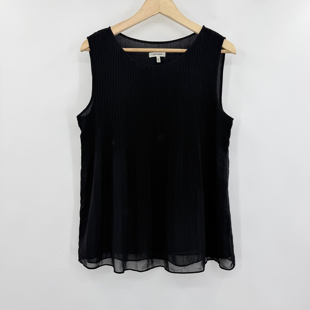 Max Studio Black Pleated Chiffon Sleeveless Blouse Career Dressy Top Large
